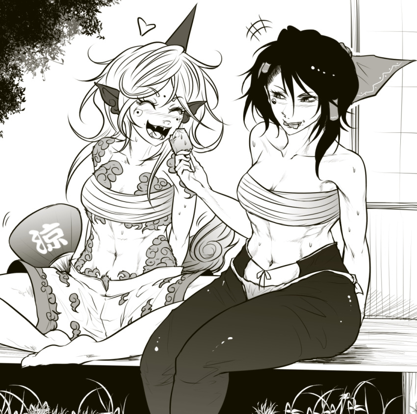 2girls, abs, animal_ears, bare_shoulders, barefoot, black_hair, bow, breast_tattoo