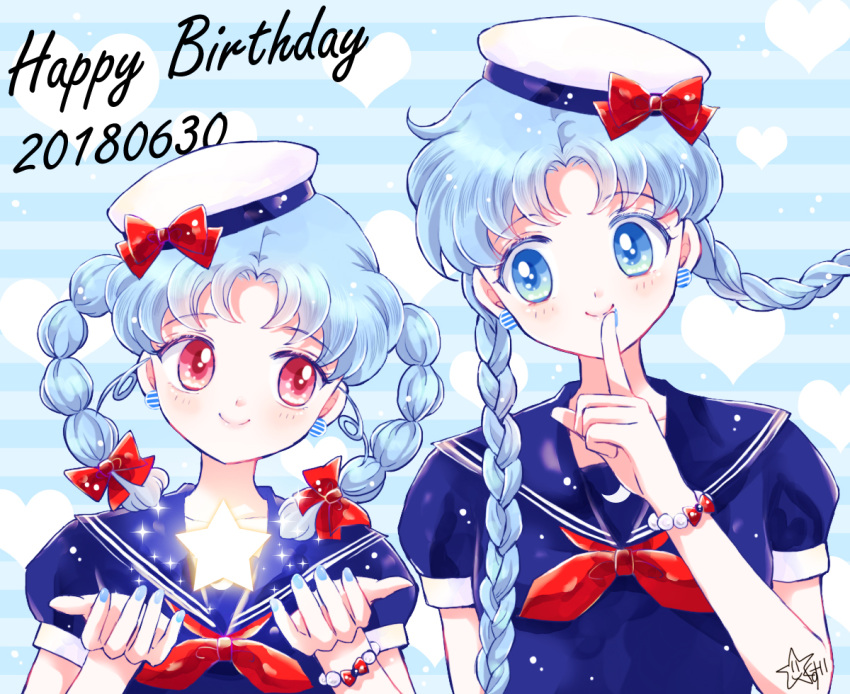 2girls, alternate_hair_color, alternate_hairstyle, bangs, bishoujo_senshi_sailor_moon, blue, blue_background, blue_eyes
