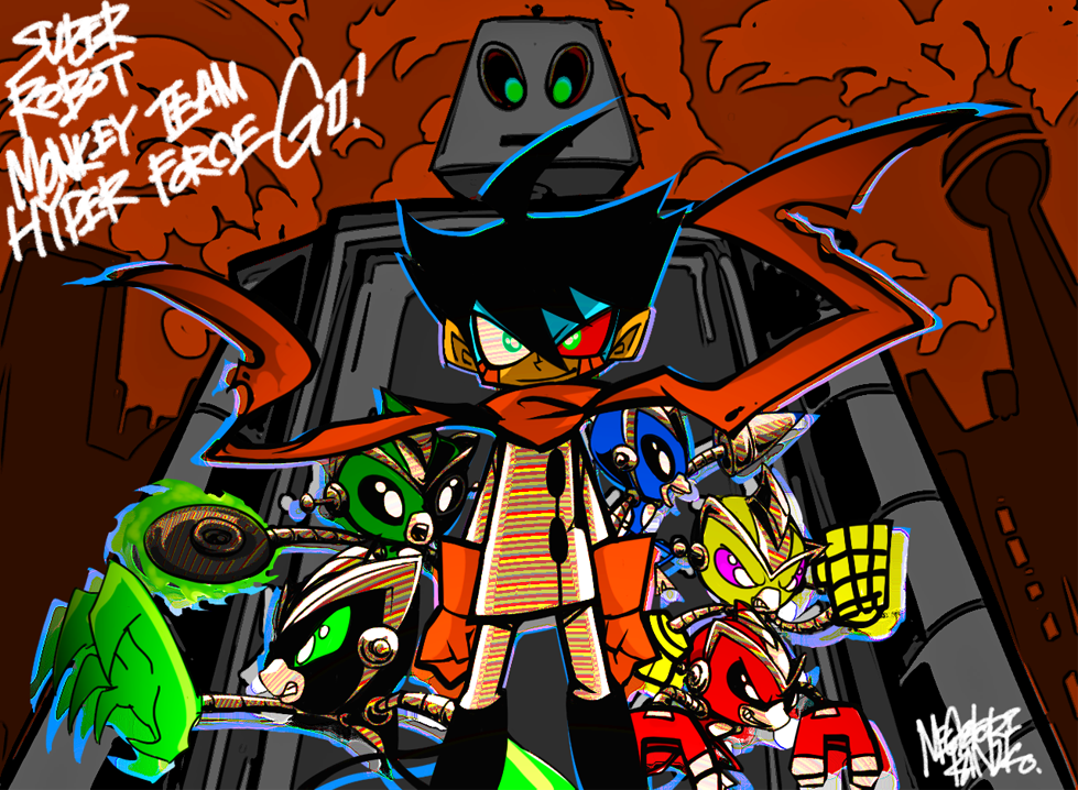 1boy, antauri_(srmthfg), black_footwear, black_hair, boots, building, chiro_(srmthfg), city, claws, commentary_request, drill, gibson_(srmthfg), gloves, green_eyes, jacket, magnet, mecha, negikuri_kaniko, nova_(srmthfg), orange_gloves, orange_scarf, otto_(srmthfg), pants, robot, scarf, skyscraper, sparx_(srmthfg), super_robot_(srmthfg), super_robot_monkey_team_hyperforce_go!, weapon, white_jacket, white_pants