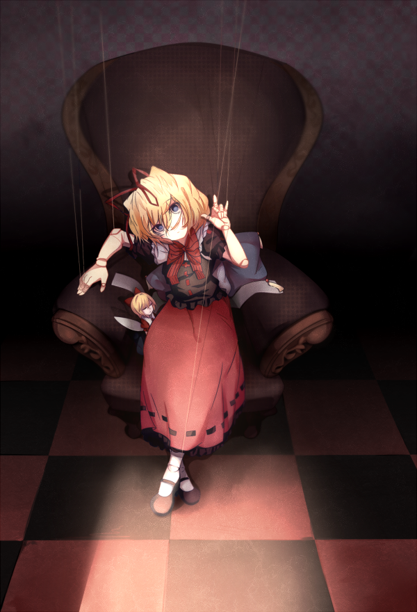 2girls, blank_eyes, blonde_hair, blue_eyes, chair, closed_eyes, doll, doll_joints, expressionless, hair_ribbon, mary_janes, medicine_melancholy, medium_hair, multiple_girls, puffy_short_sleeves, puffy_sleeves, qwer1234777, red_skirt, ribbon, shoes, short_sleeves, skirt, string, su-san, touhou