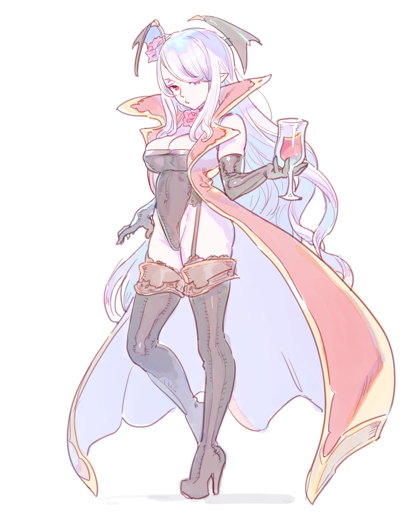 1girl, bat_wings, black_gloves, black_legwear, black_leotard, boots, breasts, cape