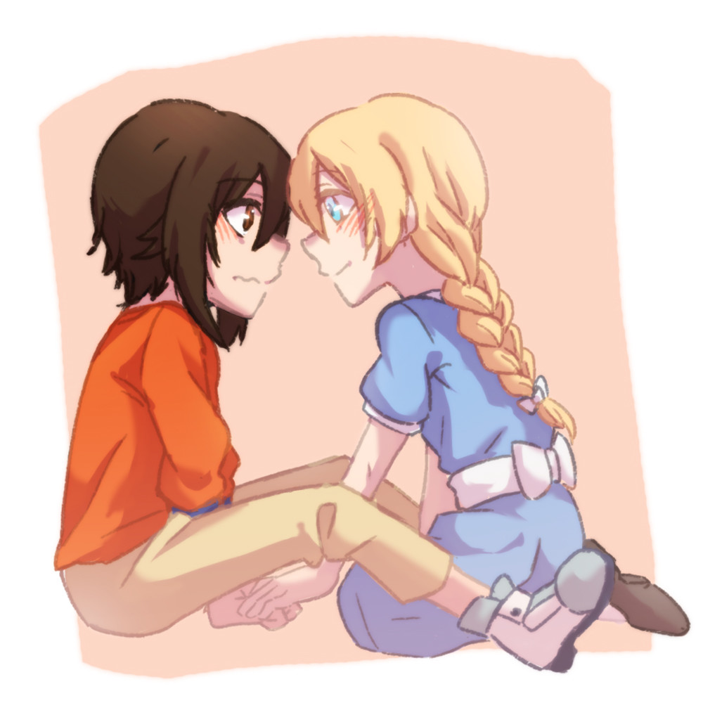 2girls, alternate_hairstyle, arm_support, bangs, beige_background, blue_dress, blush, braid