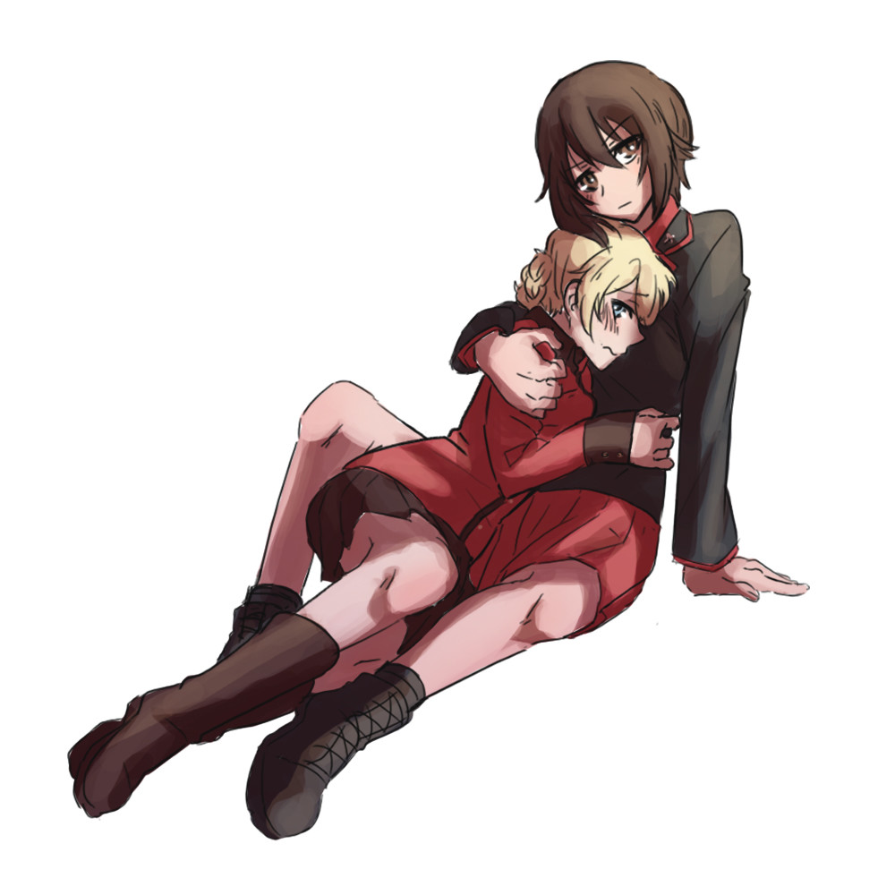 2girls, ankle_boots, arm_around_shoulder, arm_support, bangs, black_footwear, black_jacket, black_legwear