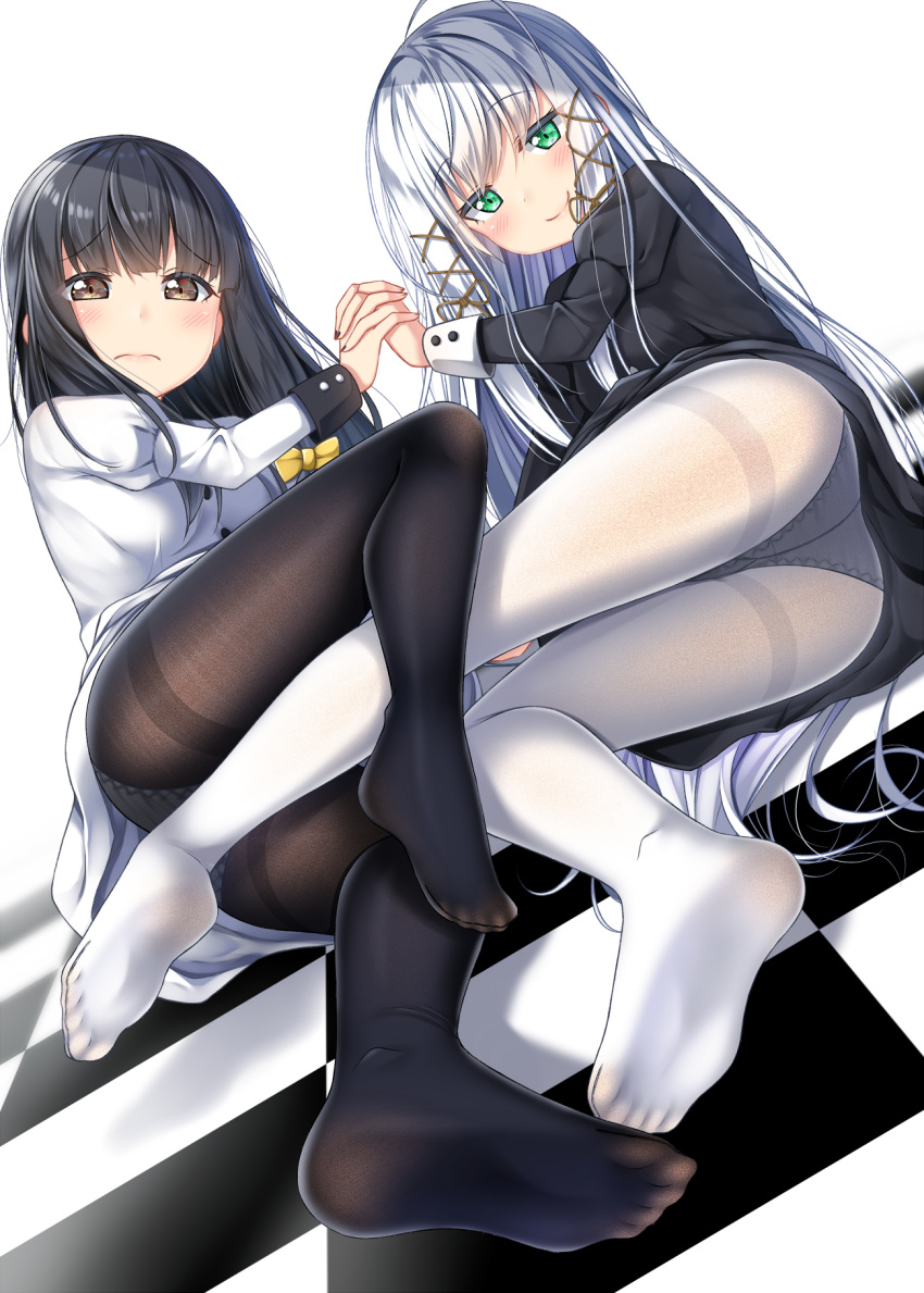 2girls, 3:, ahoge, ass, black_dress, black_hair, black_legwear, black_nails
