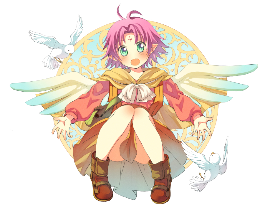 1girl, ahoge, aqua_eyes, bag, bangs, bird, boots, capelet