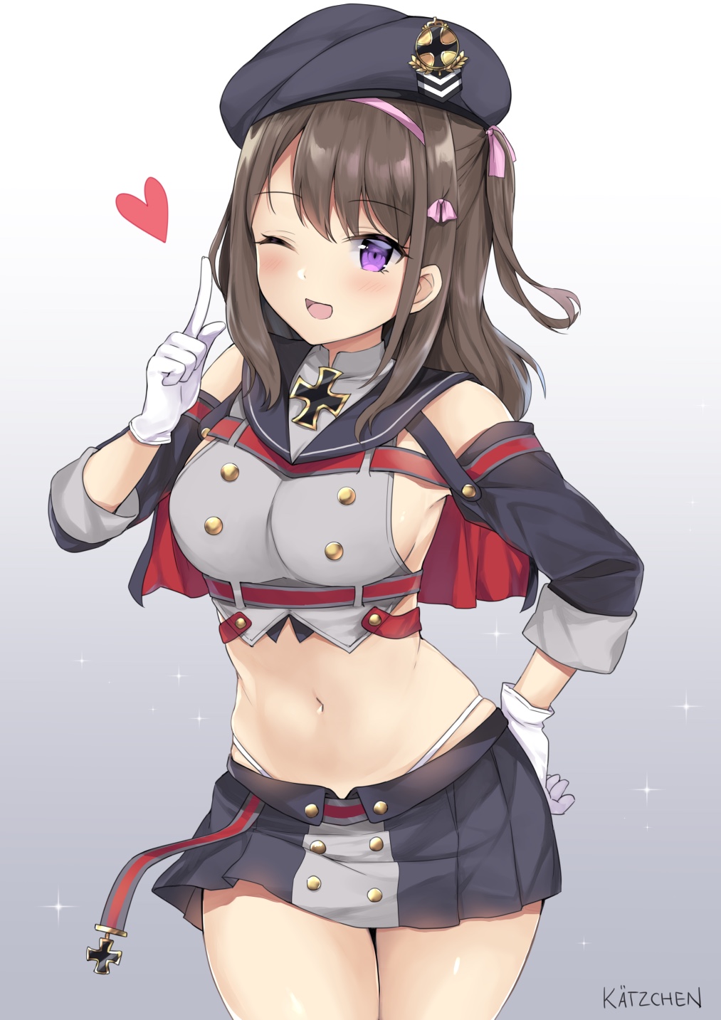 1girl, :d, ;d, artist_name, azur_lane, beret, breasts, brown_hair