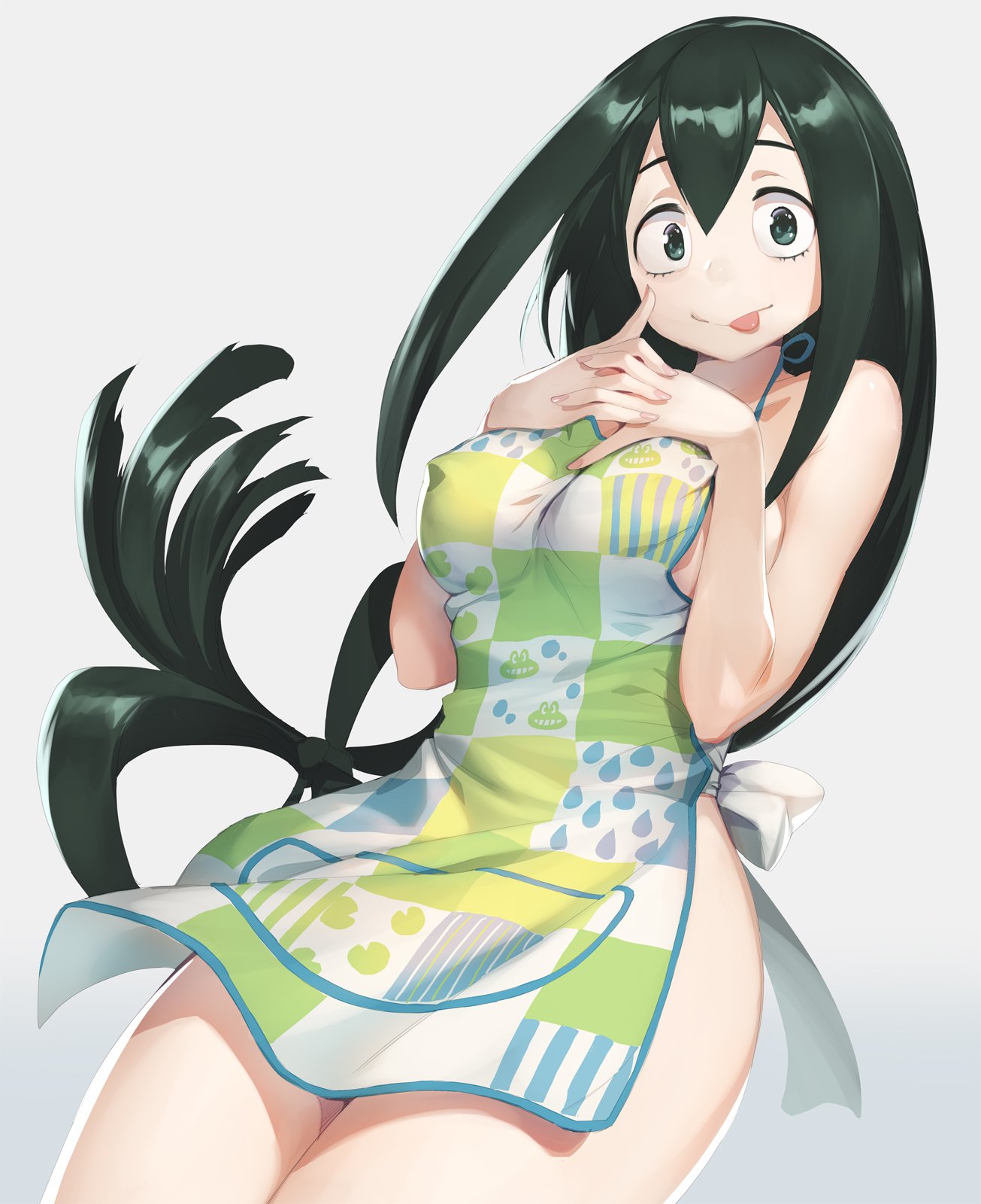1girl, animal_print, apron, asui_tsuyu, bangs, boku_no_hero_academia, breasts, cowboy_shot