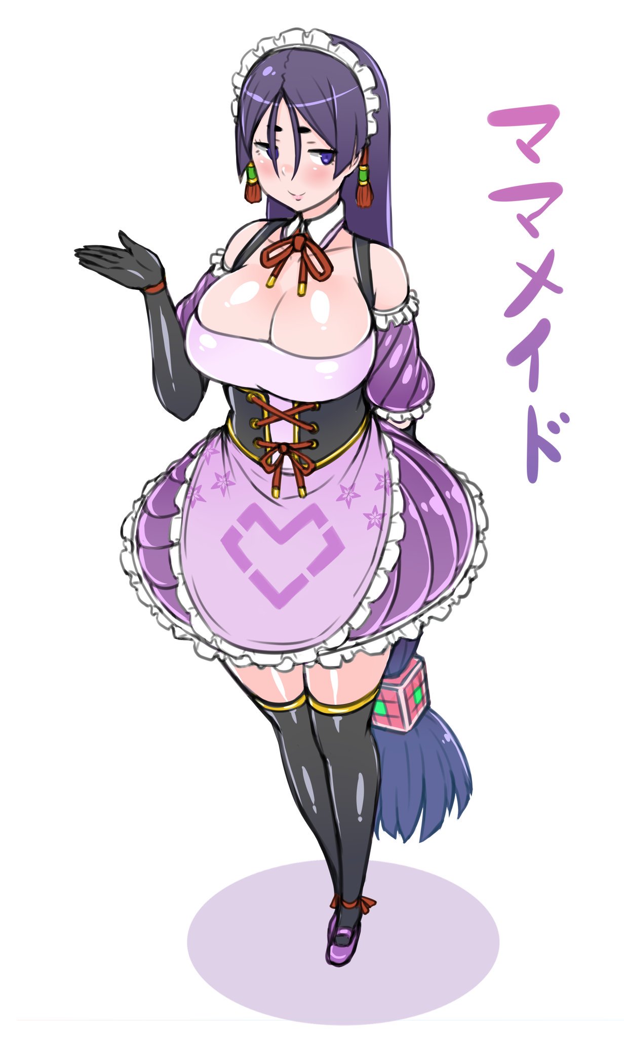 1girl, absurdly_long_hair, adapted_costume, apron, black_legwear, blush, breasts, cleavage, eyebrows_visible_through_hair, fate/grand_order, fate_(series), frilled_apron, frills, highres, large_breasts, long_hair, low-tied_long_hair, maid, maid_headdress, minamoto_no_raikou_(fate/grand_order), puffy_sleeves, purple_hair, rei_(rei_rr), simple_background, smile, solo, thigh-highs, very_long_hair, violet_eyes, waist_apron