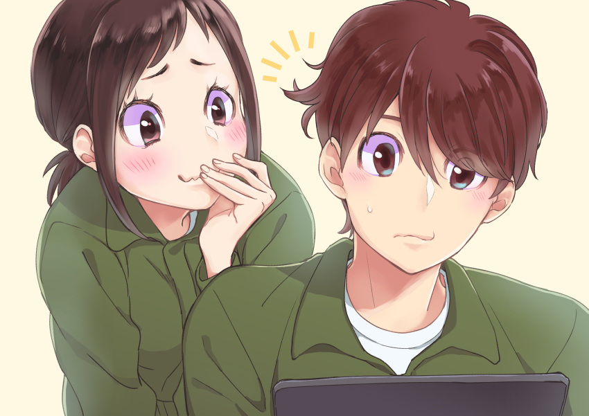 1boy, 1girl, absurdres, amakasu_hisone, bangs, black_hair, brown_eyes, brown_hair, highres, hisone_to_masotan, itsu_(ami), long_hair, long_sleeves, military, military_uniform, okonogi_haruto, short_hair, short_ponytail, simple_background, sweatdrop, uniform