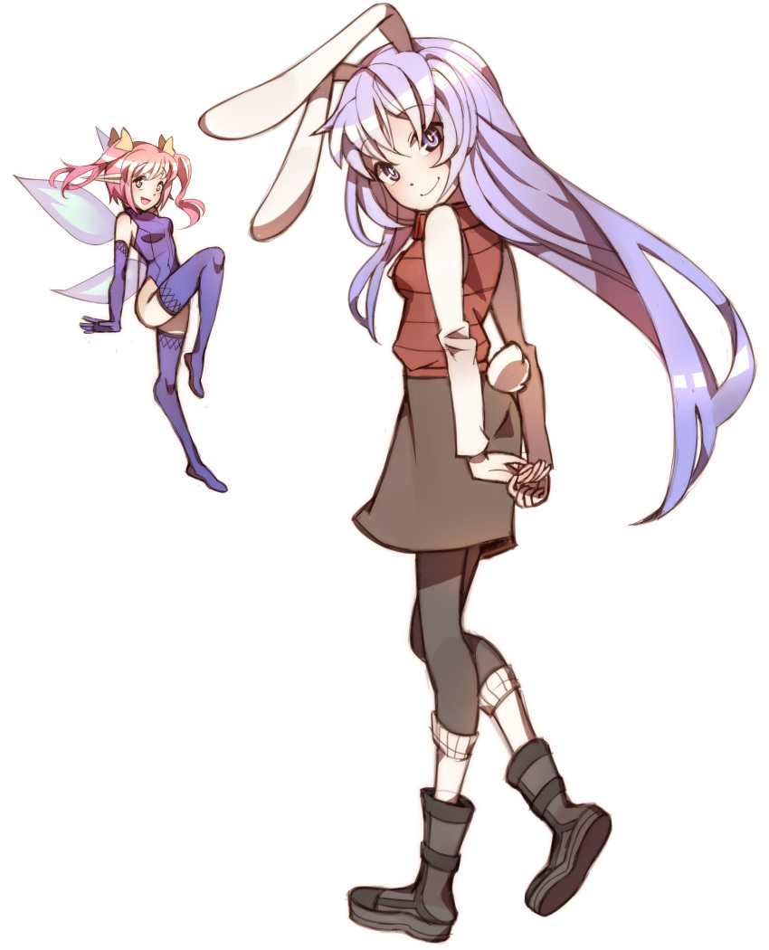 2girls, :d, absurdres, alternate_costume, animal_ears, arms_behind_back, boots, bunny_tail