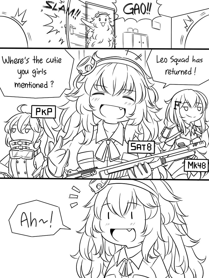 3girls, :d, english, fang, girls_frontline, goggles, goggles_around_neck, guin_guin