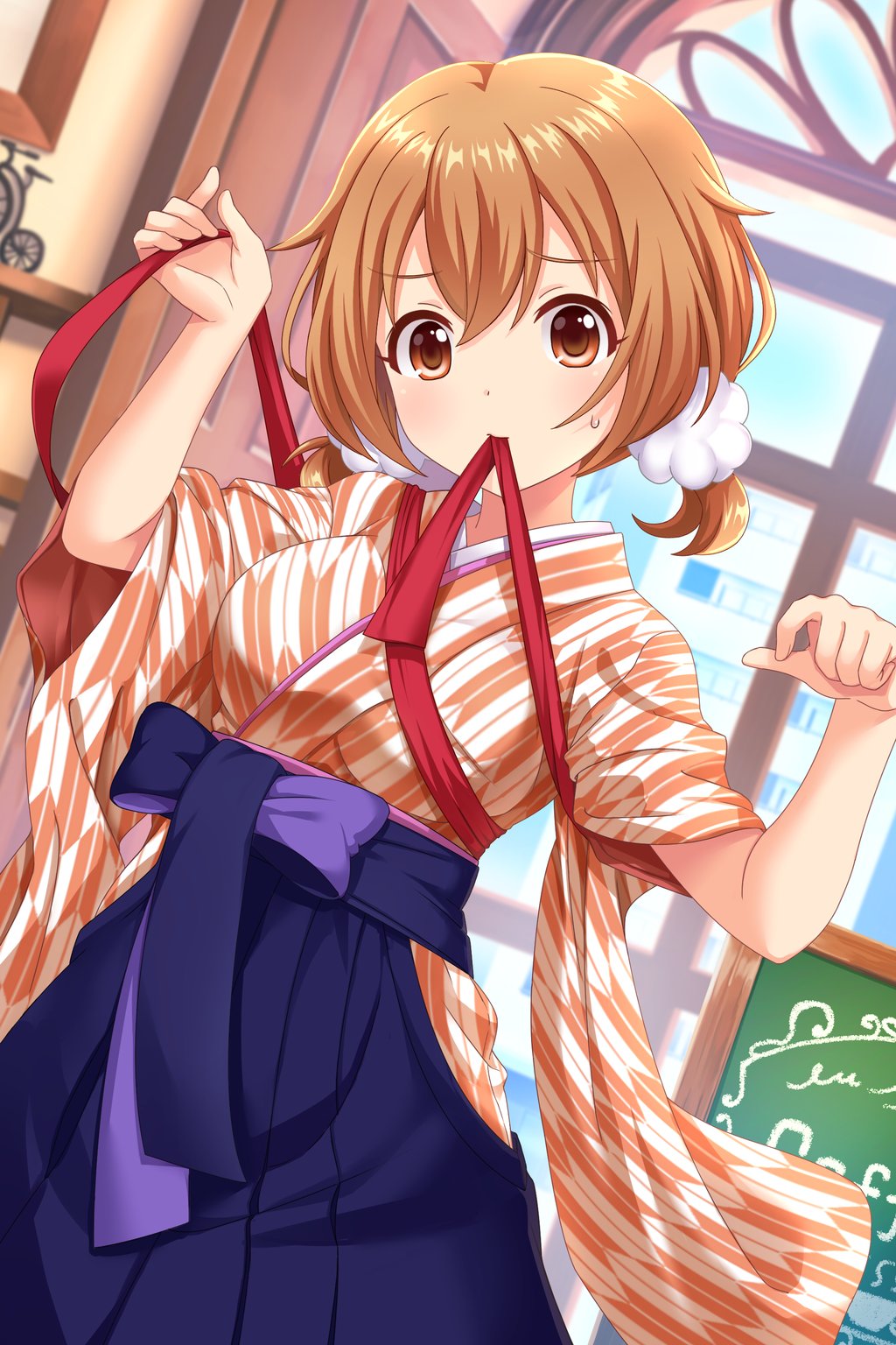 1girl, alternative_girls, bangs, blue_hakama, blush, breasts, brown_eyes, hair_between_eyes, hakama, highres, indoors, japanese_clothes, kimono, large_breasts, light_brown_hair, long_sleeves, looking_at_viewer, meiji_schoolgirl_uniform, momoi_hina, mouth_hold, official_art, orange_kimono, red_ribbon, ribbon, short_hair, sweatdrop, twintails, white_scrunchie, wide_sleeves, yagasuri