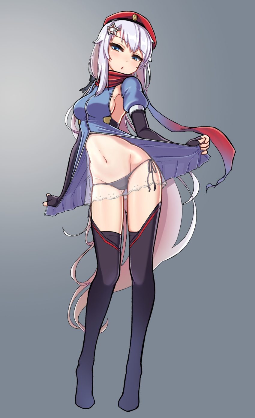 1girl, 9a-91_(girls_frontline), :o, bangs, beret, black_panties, blue_eyes, blush