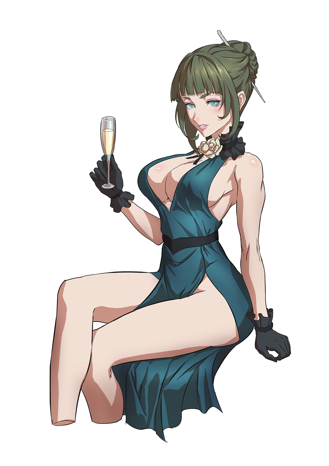 1girl, aqua_eyes, bangs, bare_shoulders, black_gloves, blue_dress, blush, breasts, cup, dress, drinking_glass, eyeshadow, garo:vanishing_line, garo_(series), gina_(garo), gloves, glower, green_hair, hair_bun, hair_ornament, hair_stick, highres, holding, large_breasts, legs_crossed, lips, long_hair, looking_at_viewer, makeup, no_panties, parted_lips, shiny, shiny_hair, shiny_skin, sideboob, simple_background, sitting, sleeveless, sleeveless_dress, solo, teeth, white_background, wine_glass, zhen_long
