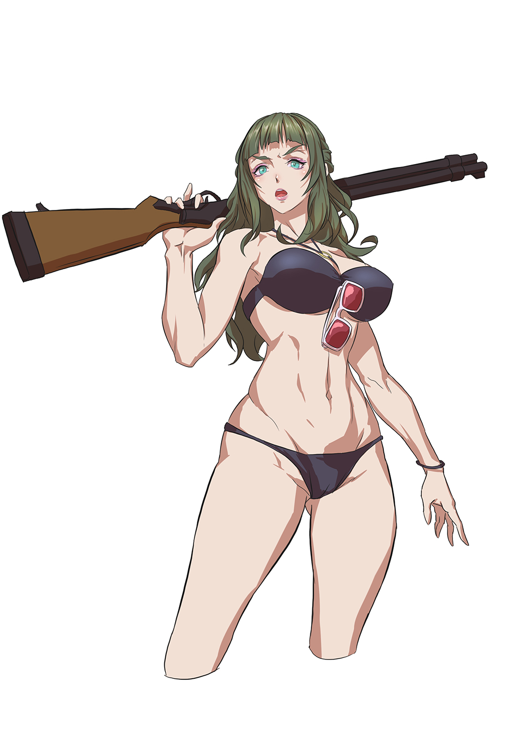 1girl, aqua_eyes, bangs, bare_shoulders, bikini, black_bikini, blunt_bangs, blush