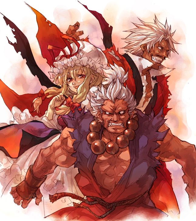 akuma, blonde_hair, bow, capcom, crossover, dougi, dress, fingerless_gloves, gloves, gouki, hat, jewelry, king_of_fighters, long_hair, m.u.g.e.n, muscle, necklace, red_eyes, red_hair, redhead, ribbon, ribbons, rosary, rugal_bernstein, shika_(pixiv), shin_akuma, shin_gouki, short_hair, snk, street_fighter, street_fighter_ii, teeth, topknot, touhou, white_hair, yakumo_yukari