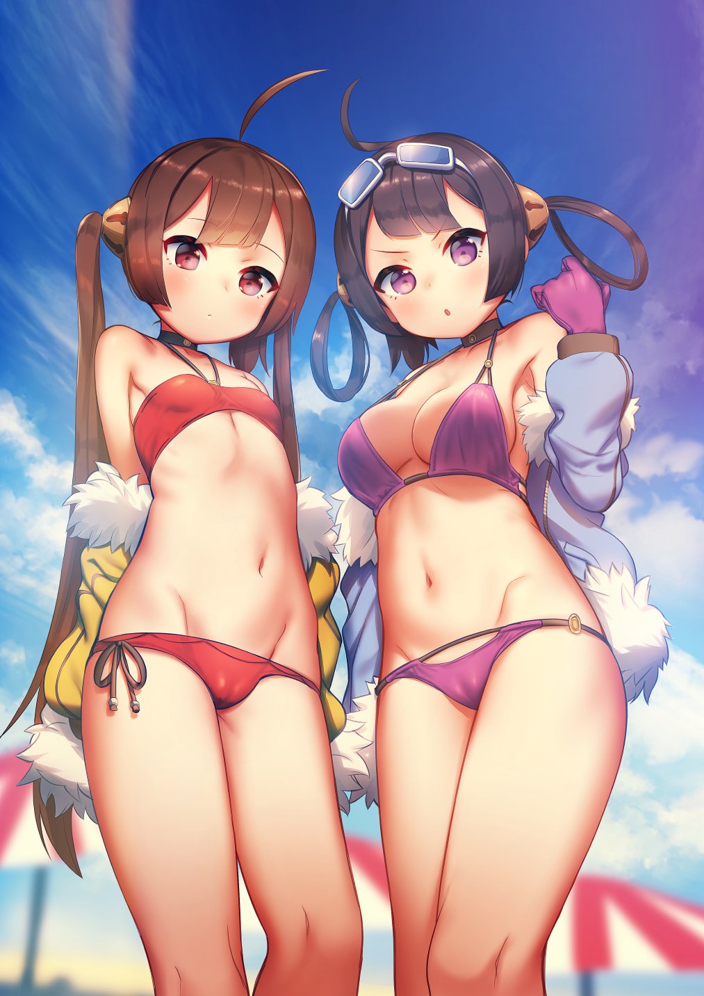 2girls, ahoge, arms_behind_back, azur_lane, bangs, bikini, black_hair, blue_jacket