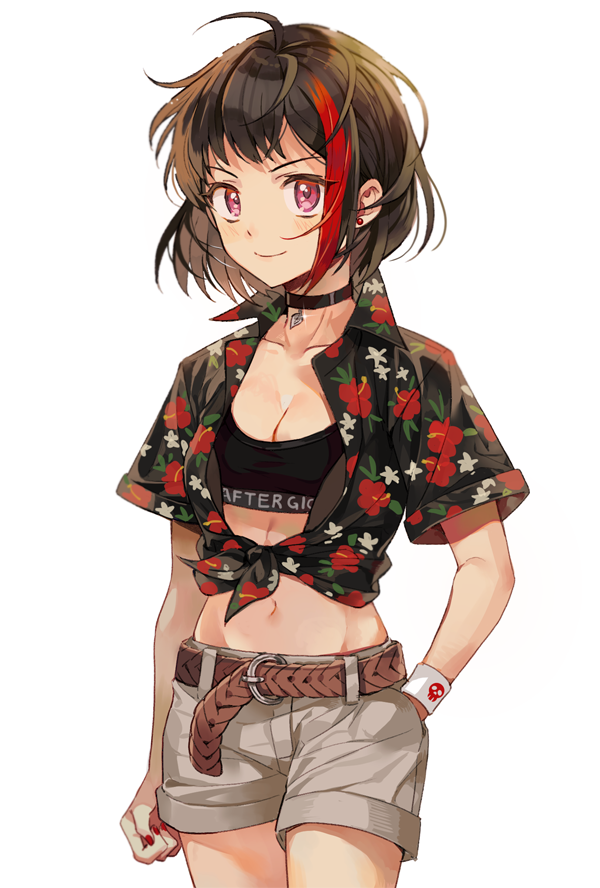 1girl, belt, black_hair, breasts, choker, cleavage, hawaiian_shirt, inzup