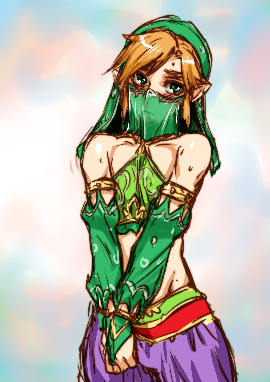 1boy, baggy_pants, bangs, bare_shoulders, blonde_hair, blush, bridal_gauntlets, collarbone