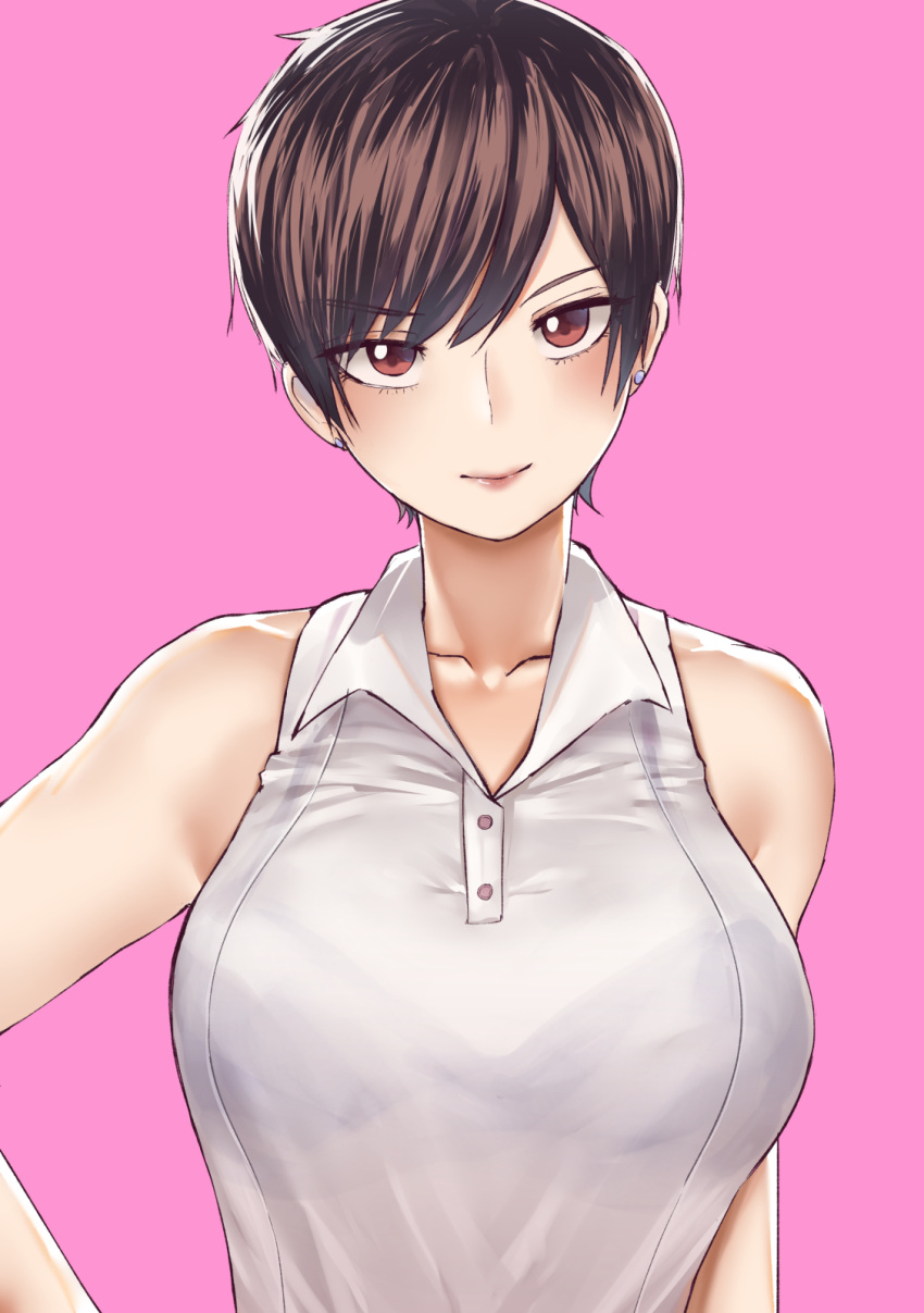 1girl, bangs, bare_shoulders, black_bra, bra, breasts, brown_eyes, brown_hair, buttons, closed_mouth, collarbone, collared_shirt, earrings, eyebrows_visible_through_hair, hair_between_eyes, hand_on_hip, head_tilt, highres, jewelry, large_breasts, looking_at_viewer, norman_maggot, ol-chan_(norman_maggot), original, partially_unbuttoned, pink_background, see-through, shirt, short_hair, simple_background, sleeveless, sleeveless_shirt, smile, solo, stud_earrings, swept_bangs, tsurime, underwear, upper_body, very_short_hair, white_shirt