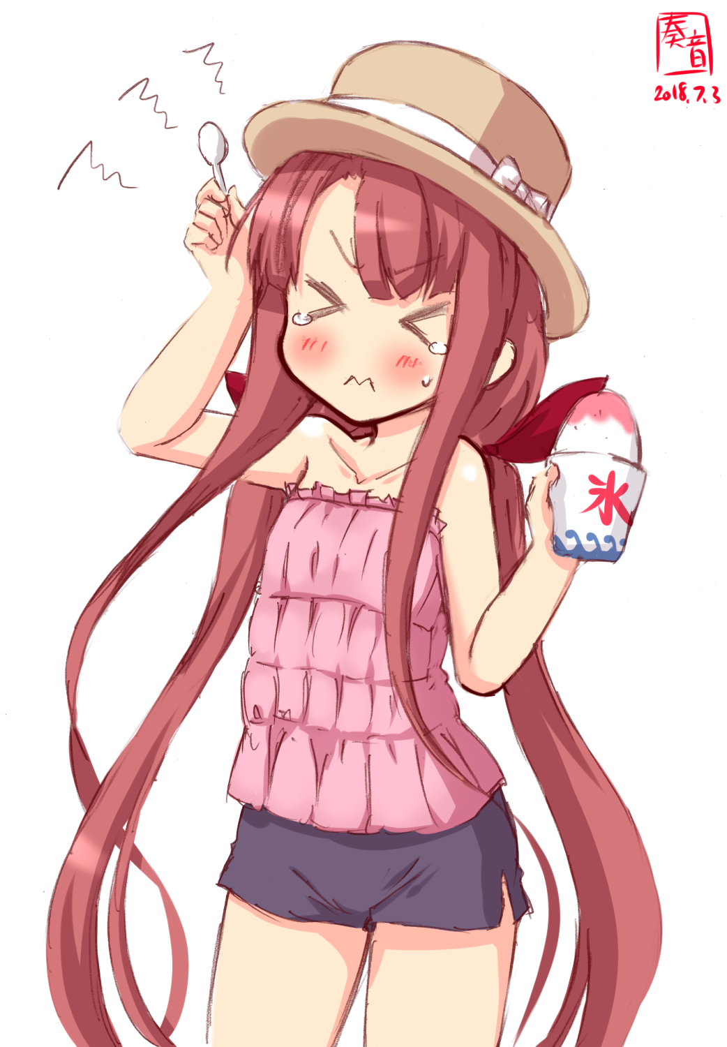 >_<, 1girl, alternate_costume, artist_logo, blue_shorts, brain_freeze, casual, closed_eyes