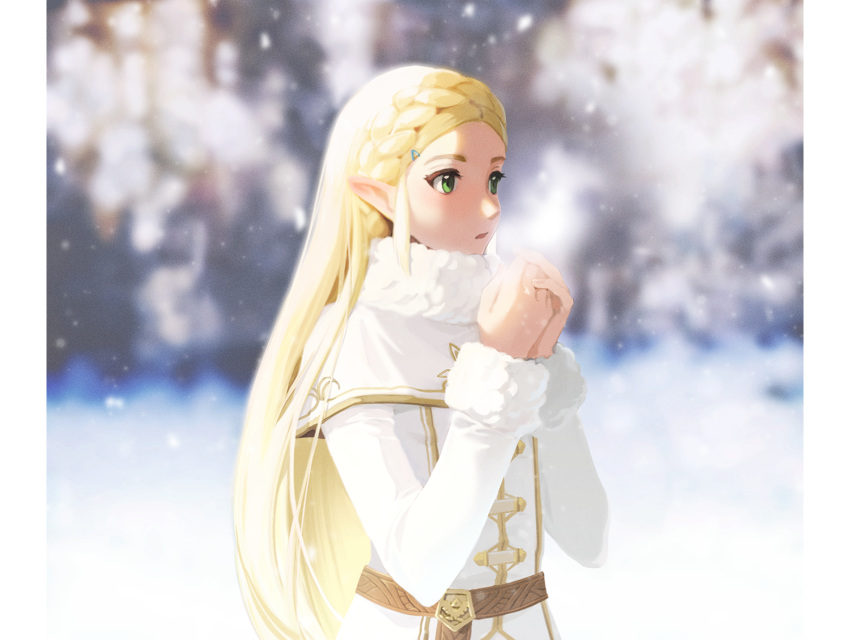 1girl, blonde_hair, coat, green_eyes, long_hair, pointy_ears, princess_zelda, simple_background