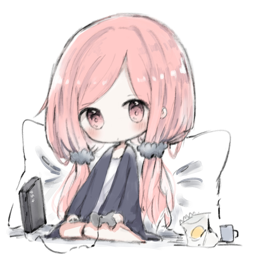 1girl, bag_of_chips, barefoot, black_jacket, black_scrunchie, blush, closed_mouth, controller