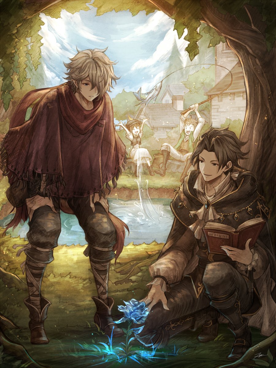 1girl, alfyn_(octopath_traveler), bracelet, brown_hair, cyrus_(octopath_traveler), dress, hat, highres, jewelry, multiple_boys, octopath_traveler, open_mouth, short_hair, smile, tenyo0819, therion_(octopath_traveler), tressa_(octopath_traveler), water