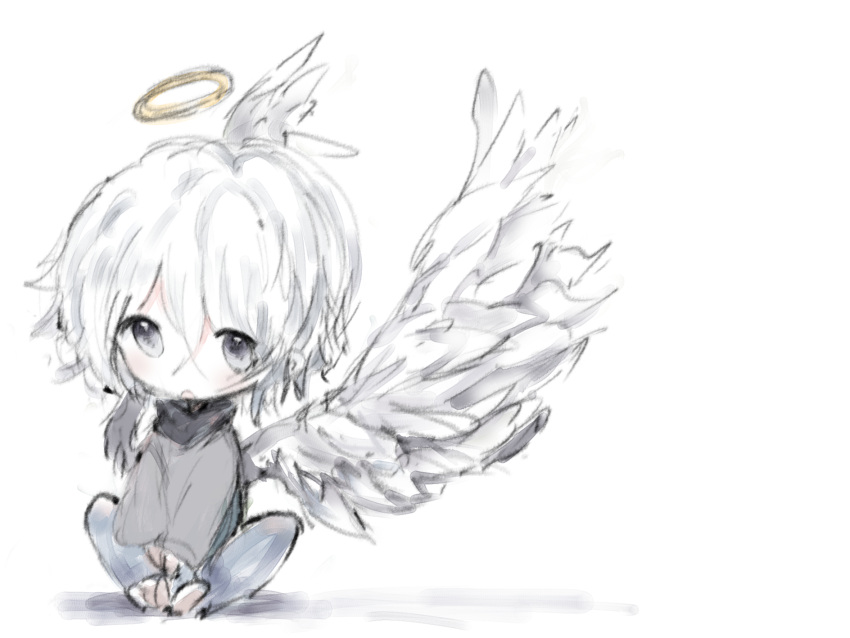 1girl, :o, angel, angel_wings, bangs, black_scarf, blue_pants, cottontailtokki