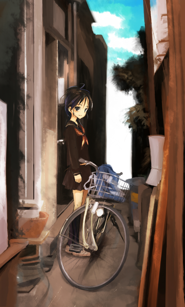 bad_id, bicycle, puranaria, school_uniform, skirt, smile