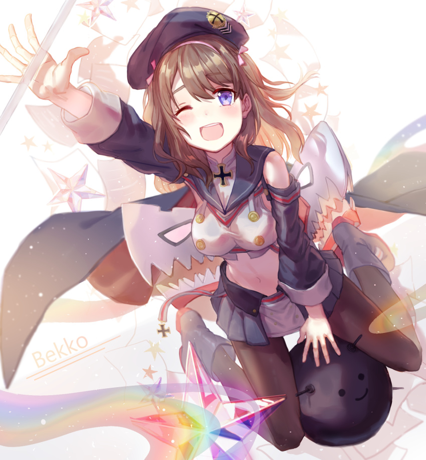 1girl, azur_lane, bekko, beret, black_legwear, breasts, brown_hair, cape, collar, detached_sleeves, explosive, eyebrows_visible_through_hair, gloves, hair_ribbon, hat, highres, iron_cross, looking_at_viewer, machinery, medium_breasts, mine_(weapon), naval_mine, navel, one_eye_closed, open_mouth, pantyhose, ribbon, rigging, sailor_collar, smile, staff, star, violet_eyes, white_gloves, z35_(azur_lane)