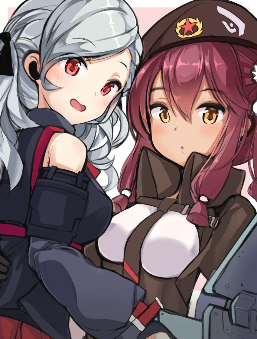 2girls, :d, :o, beret, black_ribbon, blue_jacket, blush, breasts