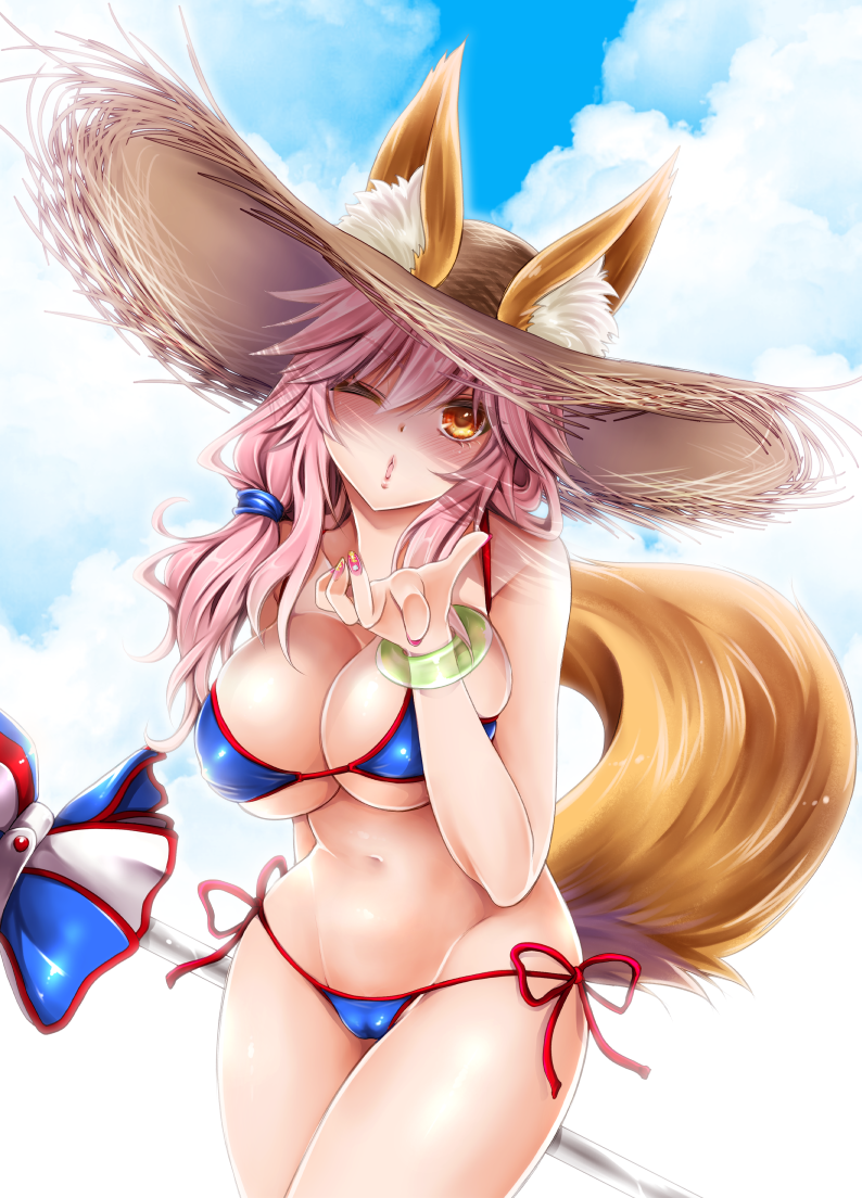 1girl, animal_ears, beach_umbrella, bikini, blue_bikini, blush, breasts, cleavage