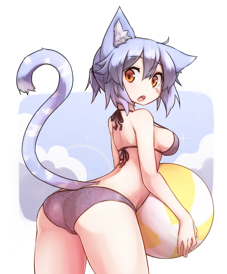 1girl, animal_ears, balloon, bikini, blue_hair, breasts, cat_ears, cat_tail