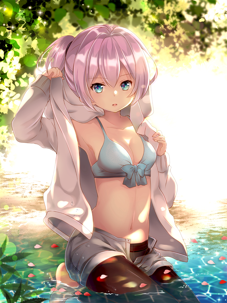 1girl, arm_up, armpits, artist_name, backlighting, barefoot, bikini_top, black_legwear