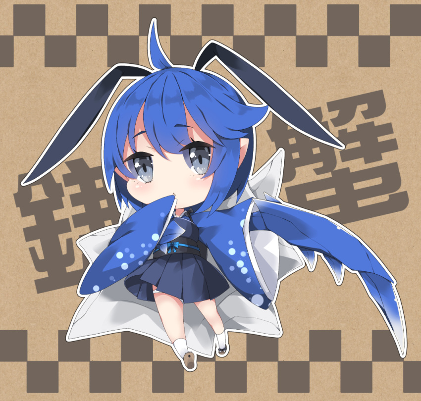 1girl, :<, ahoge, black_ribbon, blue_bow, blue_hair, blue_kimono, blue_skirt