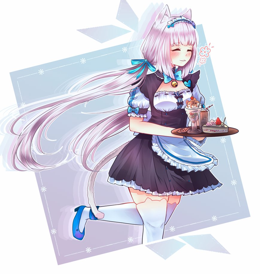 1girl, ^_^, animal_ears, apron, bell, blue_bow, blue_footwear, blue_ribbon, blush, bow, bowtie, cake, cat_ears, closed_eyes, commentary, cookie, drinking_straw, food, frilled_apron, frills, glass, hair_ribbon, jingle_bell, long_hair, low_twintails, maid, maid_headdress, nekopara, pastry, puffy_short_sleeves, puffy_sleeves, ribbon, ribbon-trimmed_clothes, ribbon_trim, shoes, short_sleeves, silver_hair, solo, suulore, thigh-highs, tray, twintails, vanilla_(sayori), very_long_hair, waist_apron, white_legwear