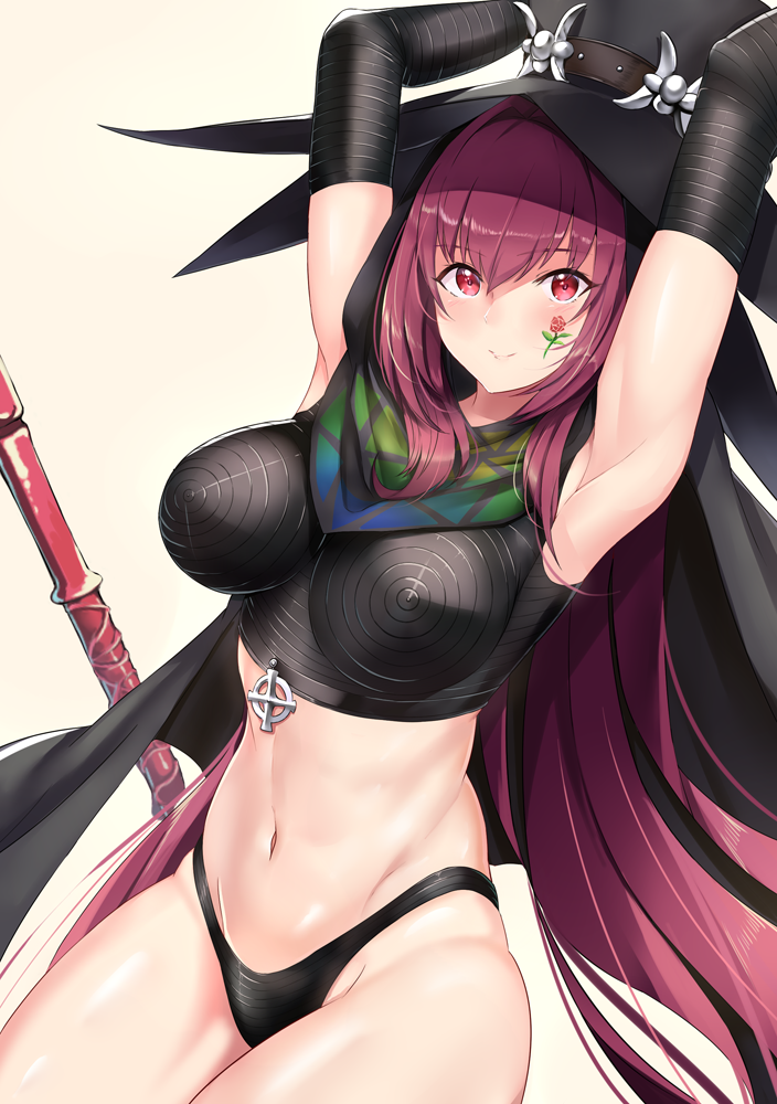 1girl, armpits, arms_up, black_gloves, black_hat, black_panties, closed_mouth, cosplay