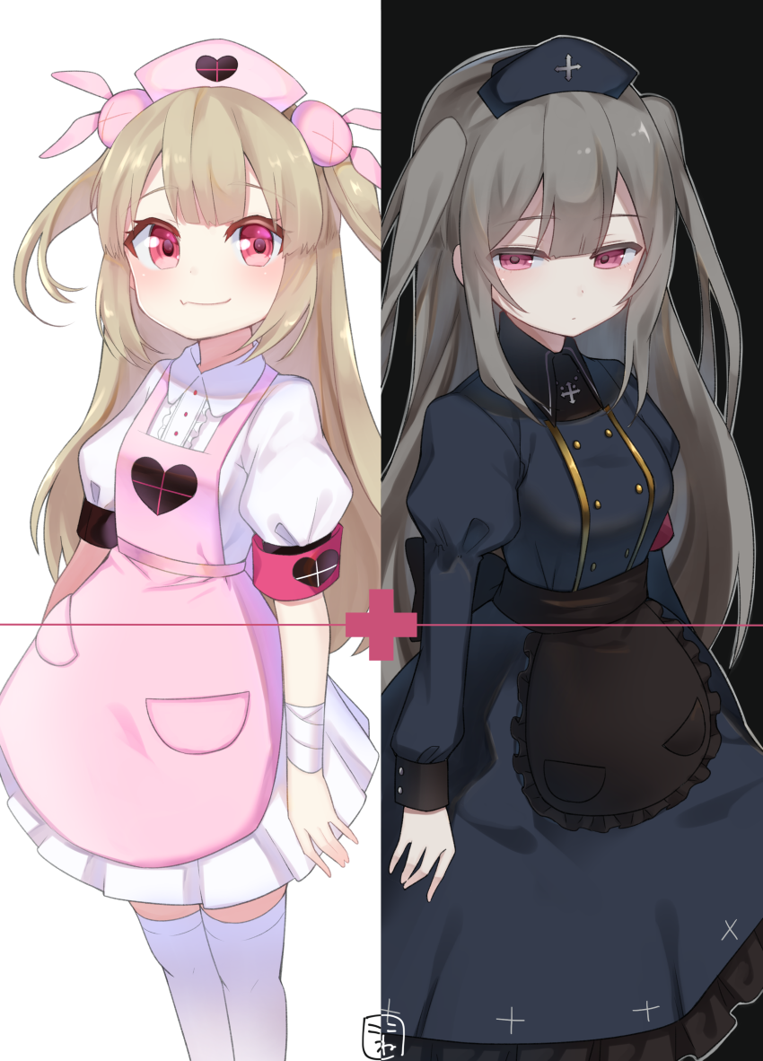 >_<, 2girls, apron, armband, bandage, bandaged_arm, black_apron, black_background