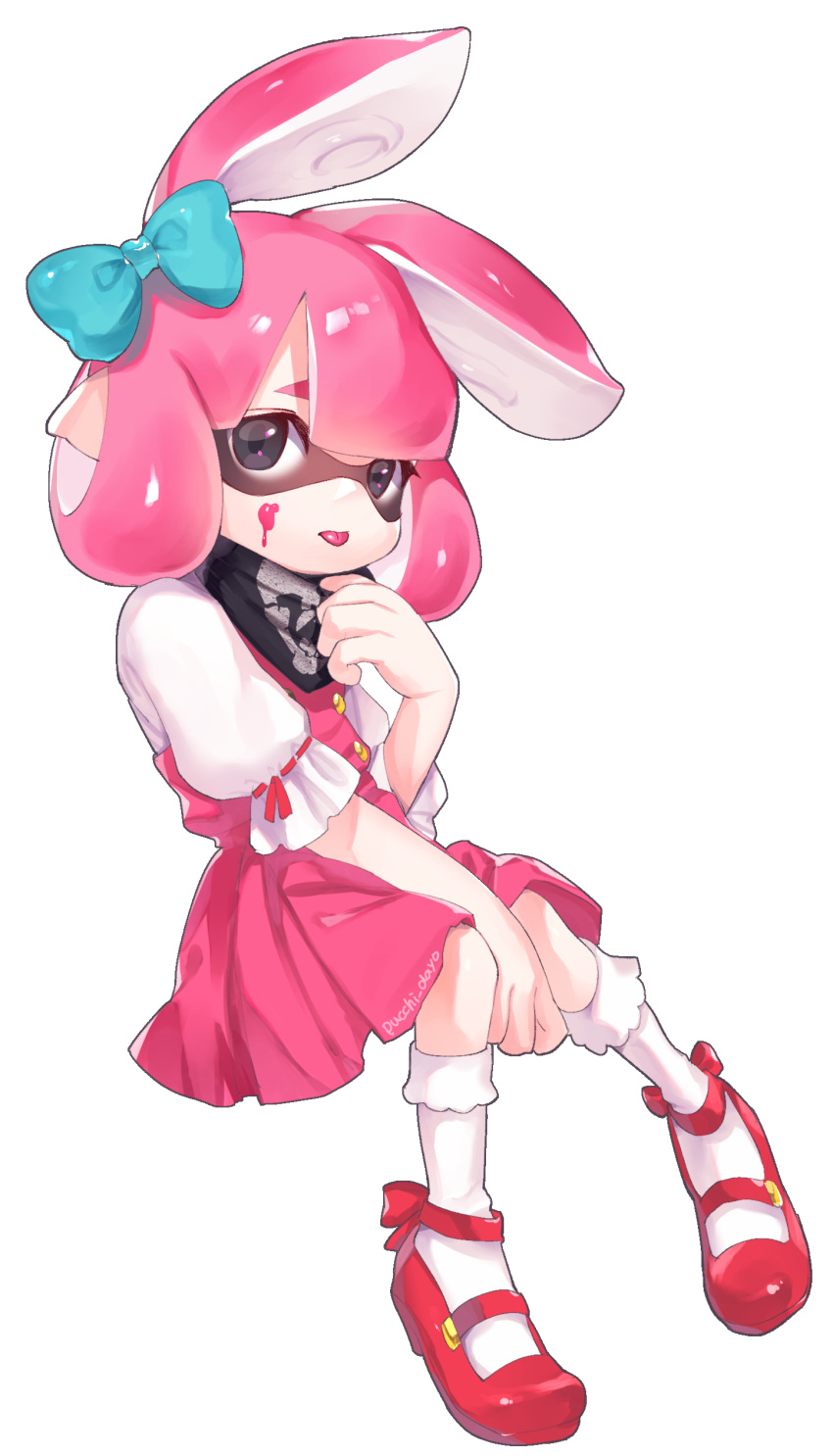 1girl, :p, absurdres, animal_ears, aqua_bow, bangs, black_eyes, black_neckwear