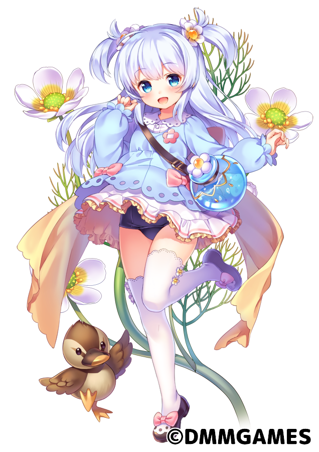 1girl, :d, baikamo_(flower_knight_girl), bird, black_footwear, blue_eyes, blue_hair, blue_shirt