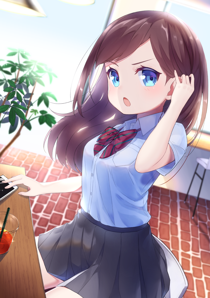 1girl, bangs, black_skirt, blue_eyes, blurry, blurry_background, blush, bow