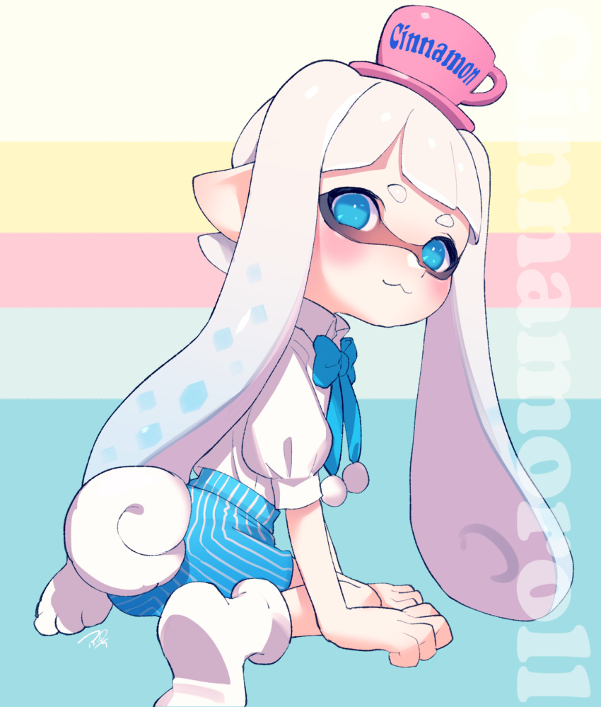 1girl, :3, animal_ears, arm_support, artist_name, bangs, blue_background, blue_eyes, blue_hair, blue_neckwear, blue_shorts, blunt_bangs, blush, bow, bowtie, bunny_tail, character_name, cinnamoroll, cinnamoroll_(cosplay), clenched_hands, closed_mouth, collared_shirt, commentary, cosplay, cup, domino_mask, english, gradient_hair, hat, highres, inkling, leaning_forward, long_hair, looking_at_viewer, looking_back, mask, multicolored, multicolored_background, multicolored_hair, paw_boots, pink_background, pink_hat, pointy_ears, puchiman, puffy_short_sleeves, puffy_sleeves, sanrio, saucer, shirt, short_sleeves, shorts, signature, sitting, smile, solo, splatoon, splatoon_2, striped, tail, teacup, tentacle_hair, vertical-striped_shorts, vertical_stripes, wariza, white_background, white_hair, white_shirt, yellow_background