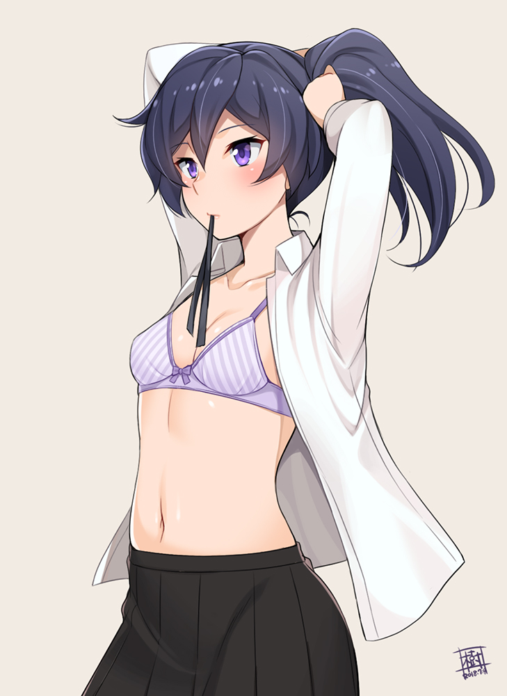 1girl, bangs, black_hair, black_skirt, bra, breasts, cleavage, commentary_request