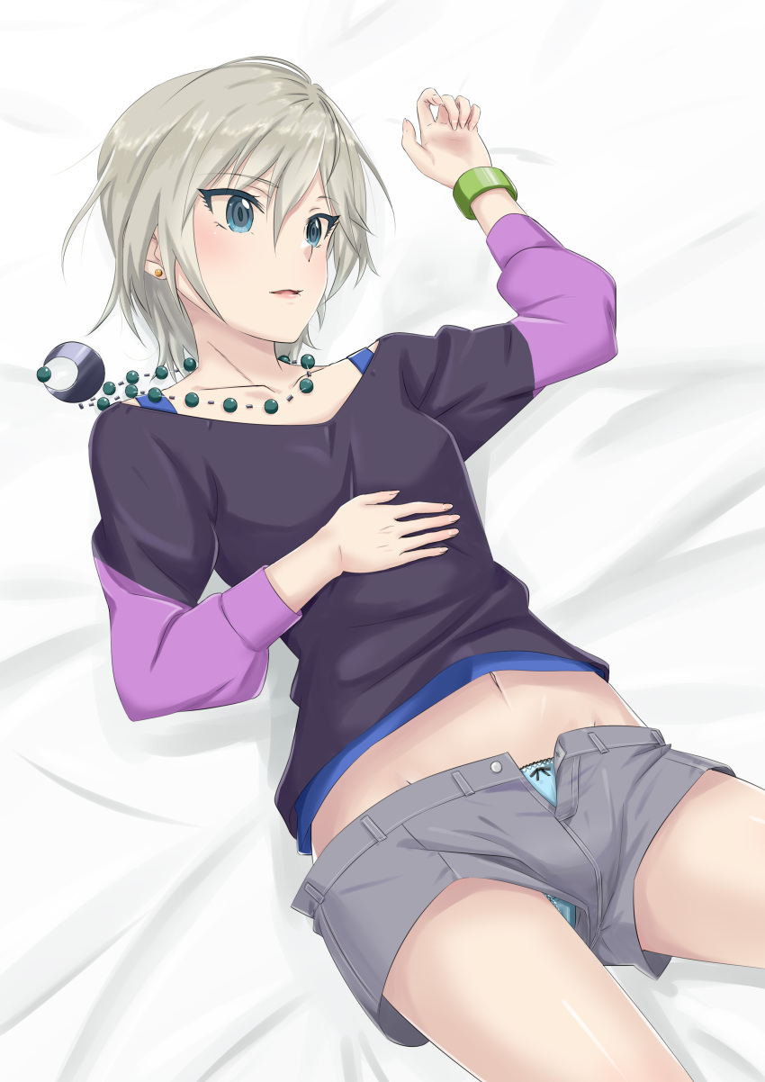 1girl, absurdres, anastasia_(idolmaster), bed_sheet, black_shirt, blue_eyes, blue_panties, bow