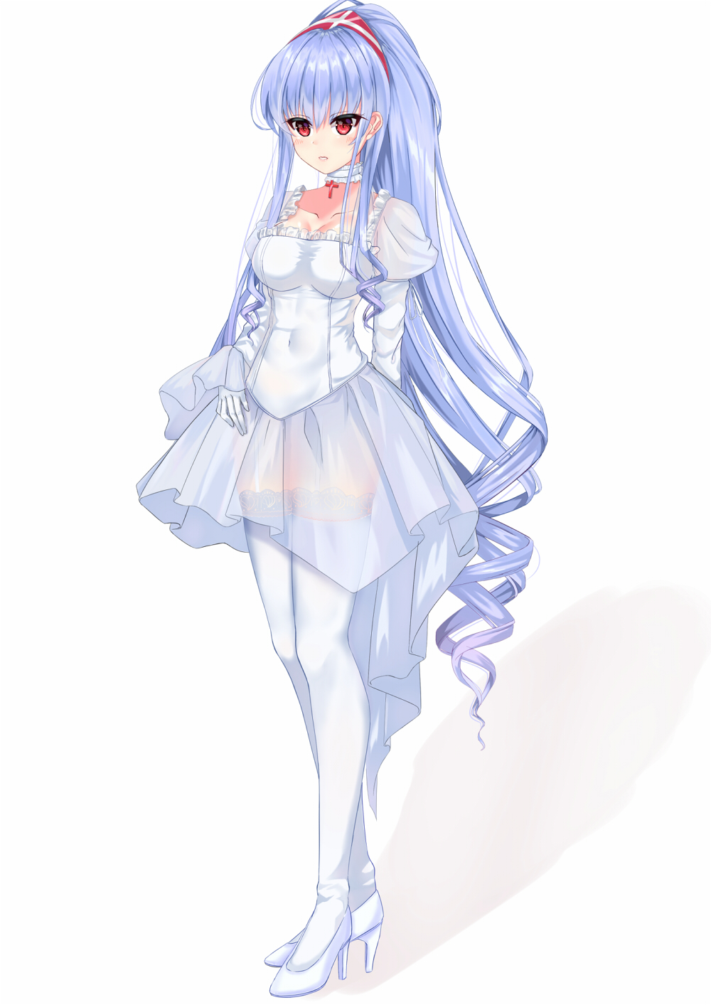 1girl, blue_hair, blush, breasts, choker, cleavage, covered_navel, dress