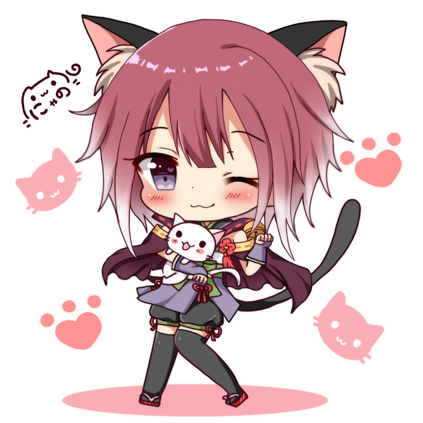 1girl, ;3, animal, animal_ears, animal_hug, bangs, bell, black_legwear
