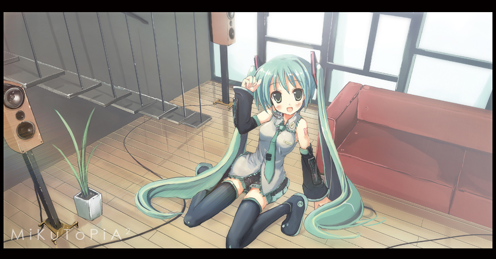 bad_id, detached_sleeves, green_eyes, hatsune_miku, long_hair, necktie, skirt, thigh-highs