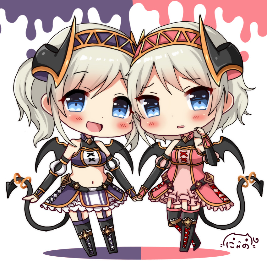 2girls, :d, arm_warmers, bangs, bare_shoulders, black_footwear, black_legwear, black_wings