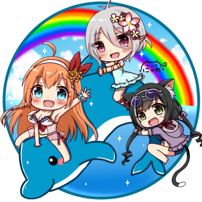 3girls, ahoge, animal, animal_ears, antenna_hair, bangs, bare_arms, bare_shoulders